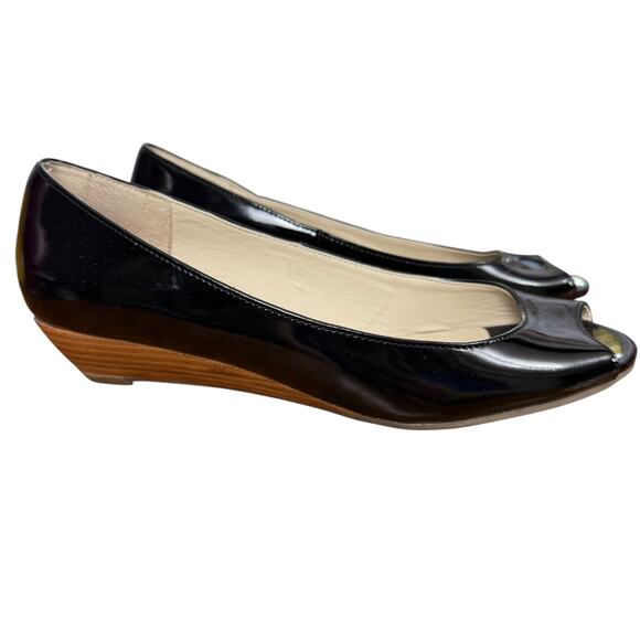 Steve Madden Open Toe Peep Patent Leather Black Stacked Wedge Shoes Pumps sz 8 - Picture 1 of 16